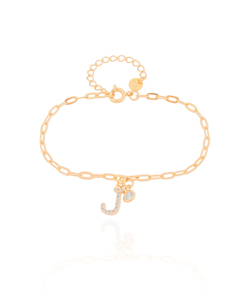 Pulseira Elos Letra J Cravejado Cristal Banhado a Ouro 18K