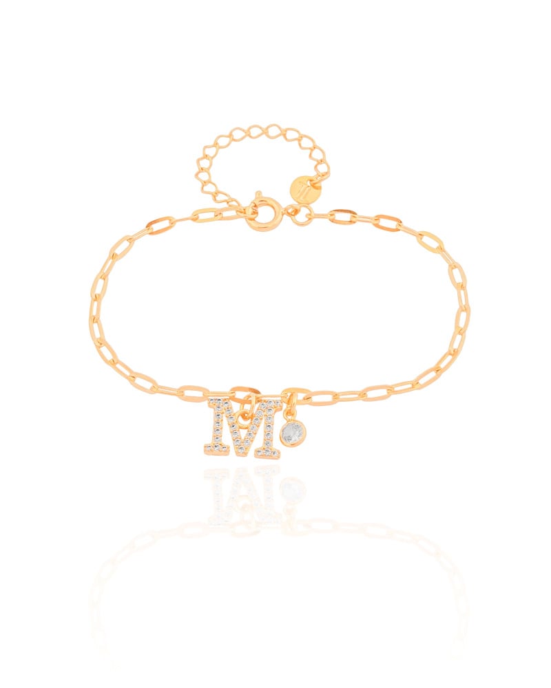 Pulseira Elos Letra M Cravejado Cristal Banhado a Ouro 18K