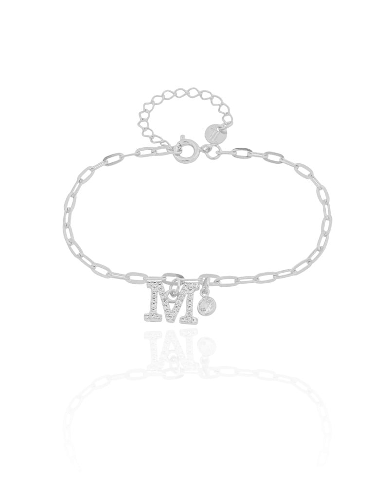 Pulseira Elos Letra M Cravejado Cristal Ródio Branco