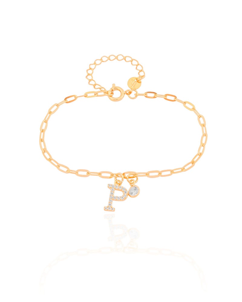 Pulseira Elos Letra P Cravejado Cristal Banhado a Ouro 18K