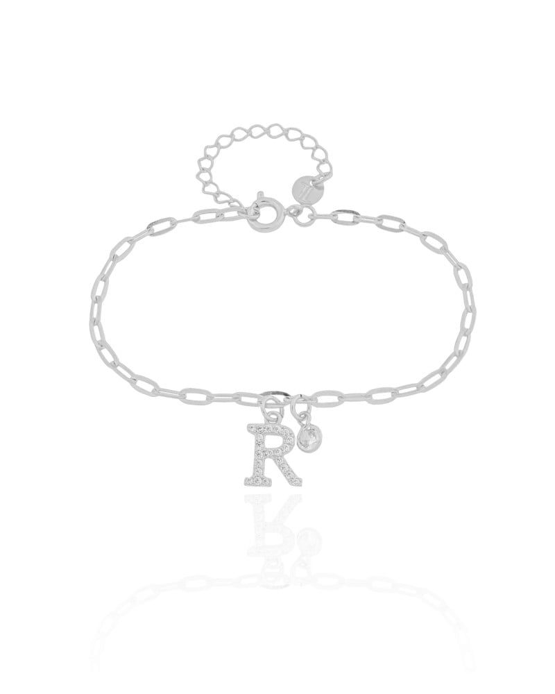 Pulseira Elos Letra R Cravejado Cristal Ródio Branco