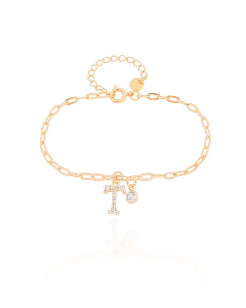 Pulseira Elos Letra T Cravejado Cristal Banhado a Ouro 18K