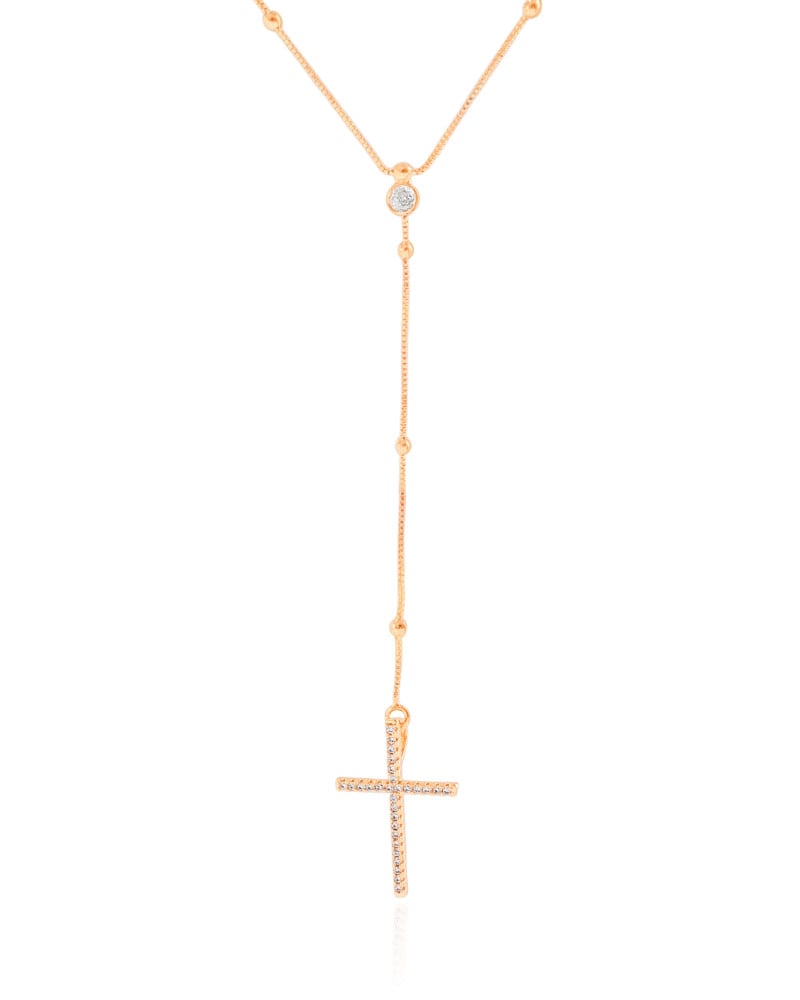 Gargantilha Gravata Bolinhas Cruz Cravejado Cristal Banhado a Ouro 18K - 45 cm
