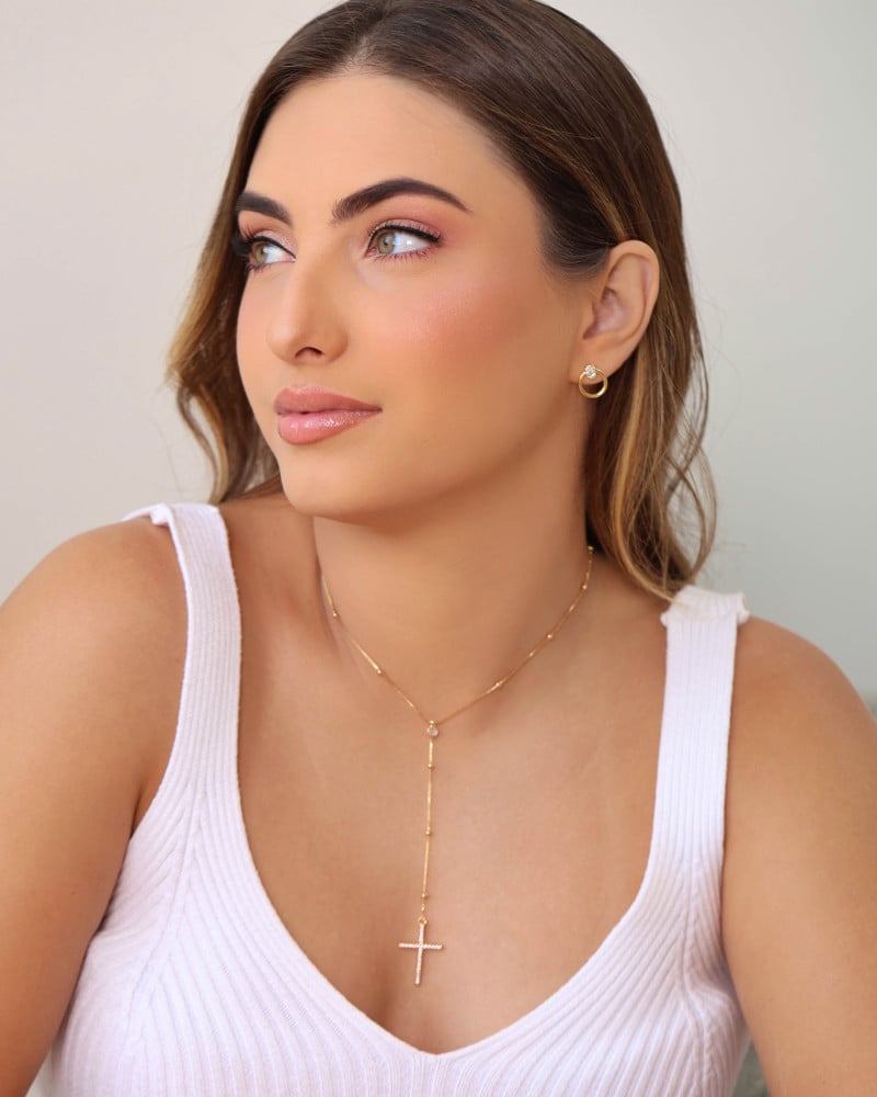 Gargantilha Gravata Bolinhas Cruz Cravejado Cristal Banhado a Ouro 18K - 45 cm