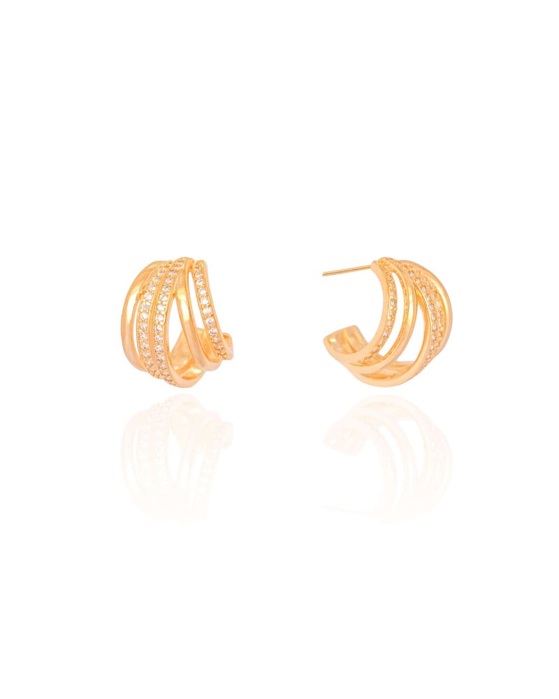 Brinco Argola Filetes Lisos e Cravejados Cristal 1.9 cm Banhado a Ouro 18K