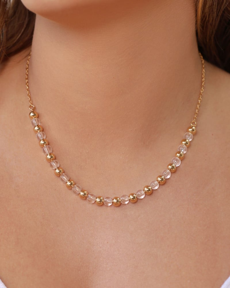 Gargantilha Elos Bolas Lisas e Cristais Banhado a Ouro 18K - 40 cm