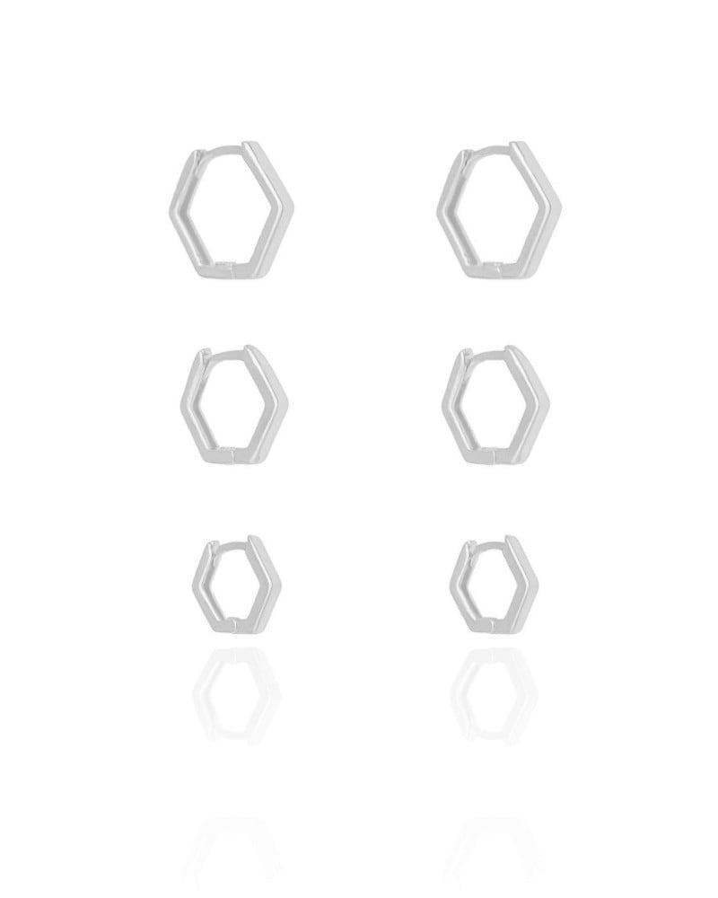 Trio de Argolas Geométricas Ródio Branco