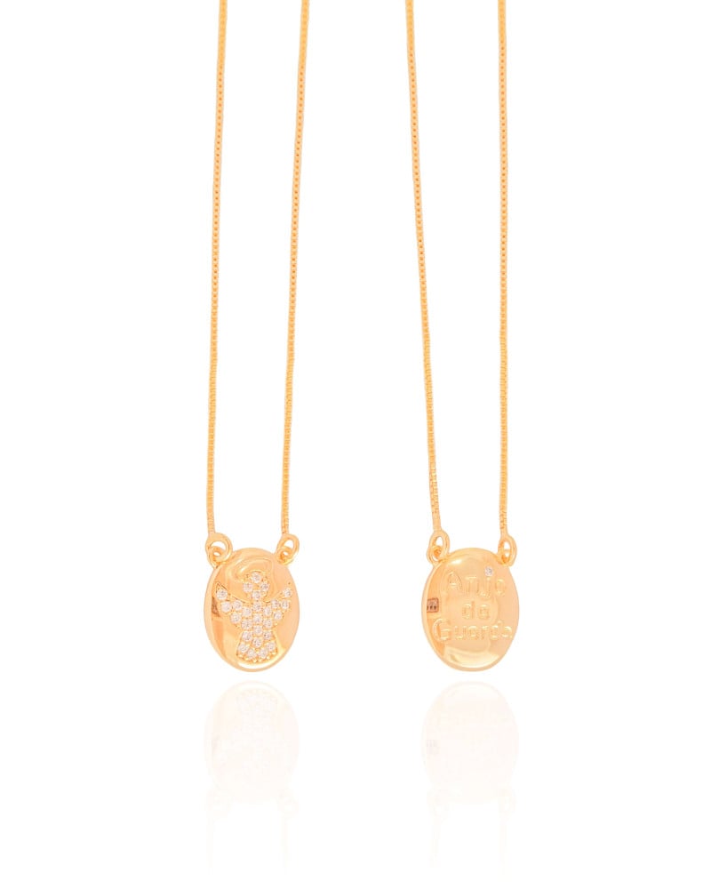 Escapulário Anjo da Guarda Cravejado Cristal Banhado a Ouro 18K