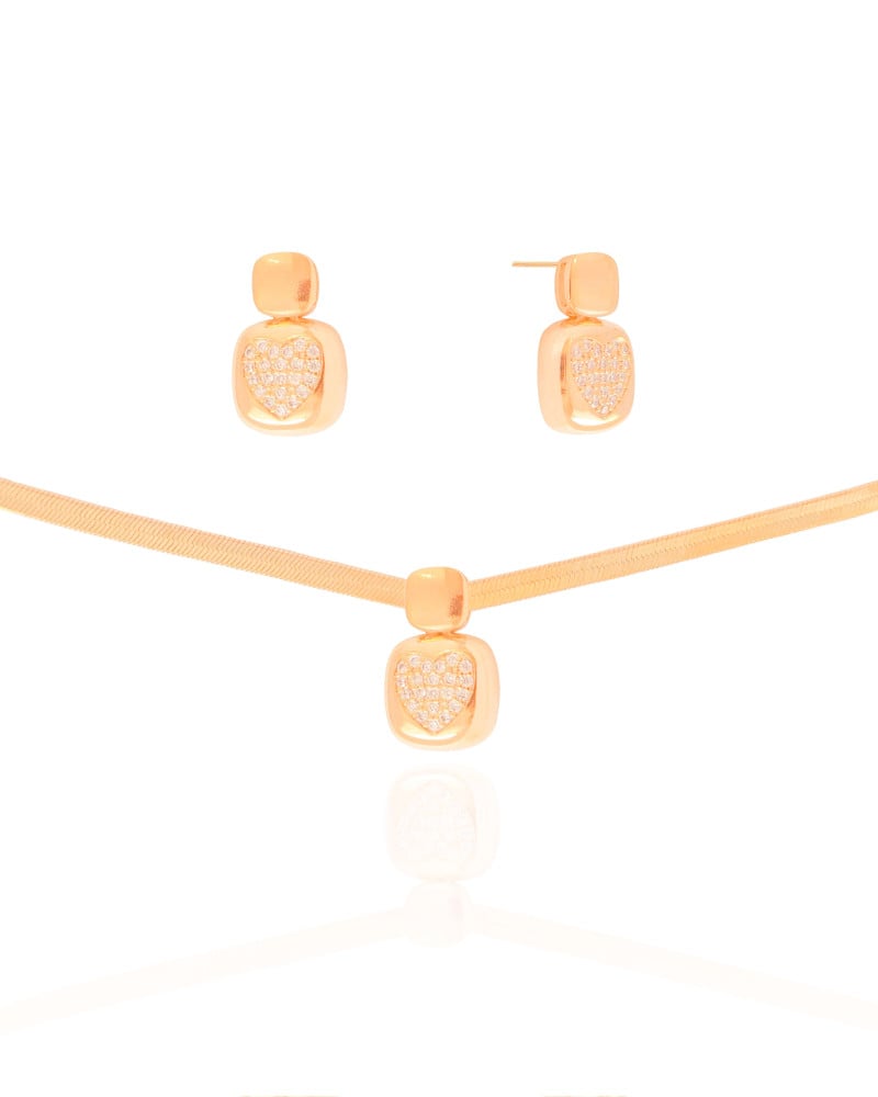 Conjunto Malha Fita Coração Cravejado Cristal Banhado a Ouro 18K