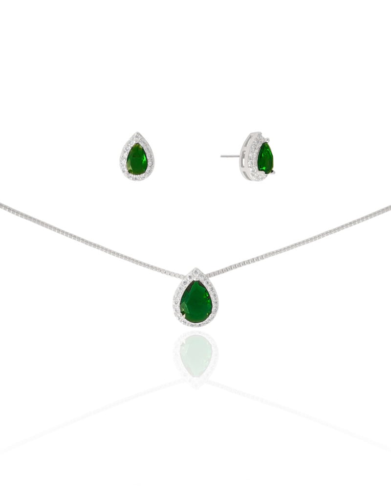 Conjunto Gota Esmeralda Cravejado Cristal Ródio Branco