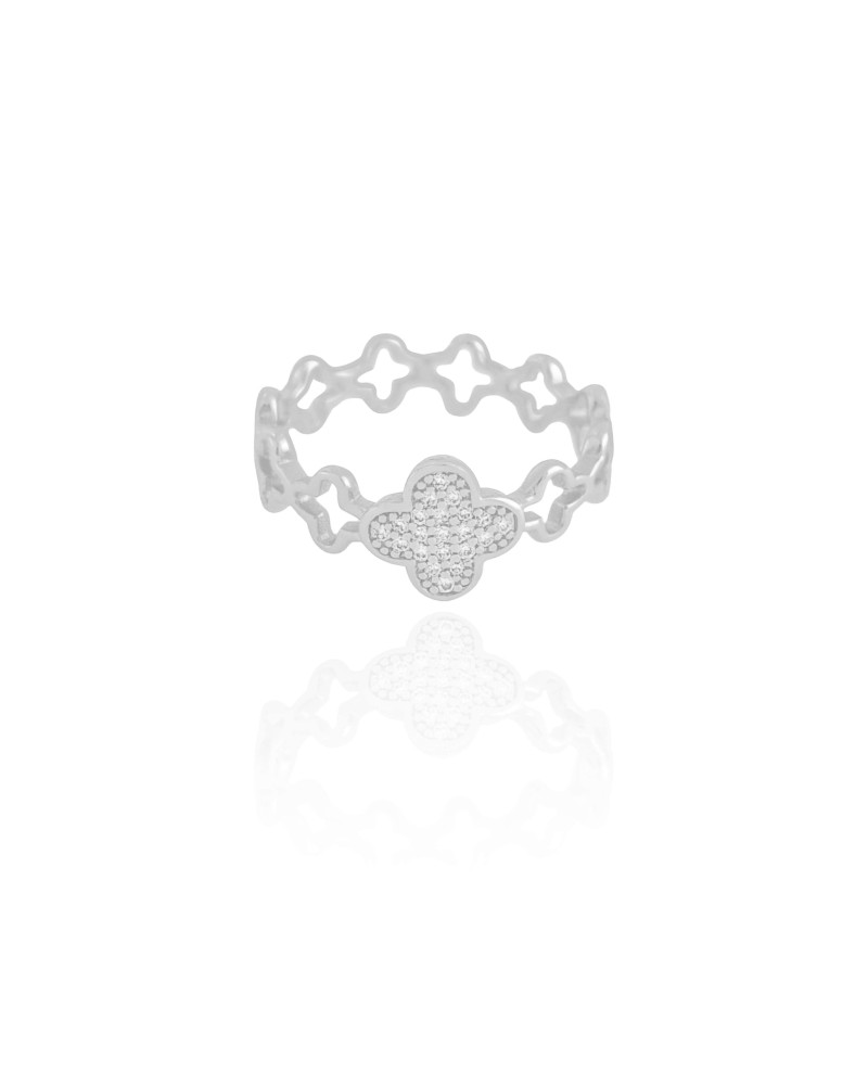 Anel Flor Cravejada Cristal Tamanho 22 Ródio Branco