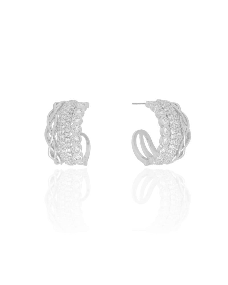 Brinco Argola Detalhado Cravejado Cristal 2.2 cm Ródio Branco