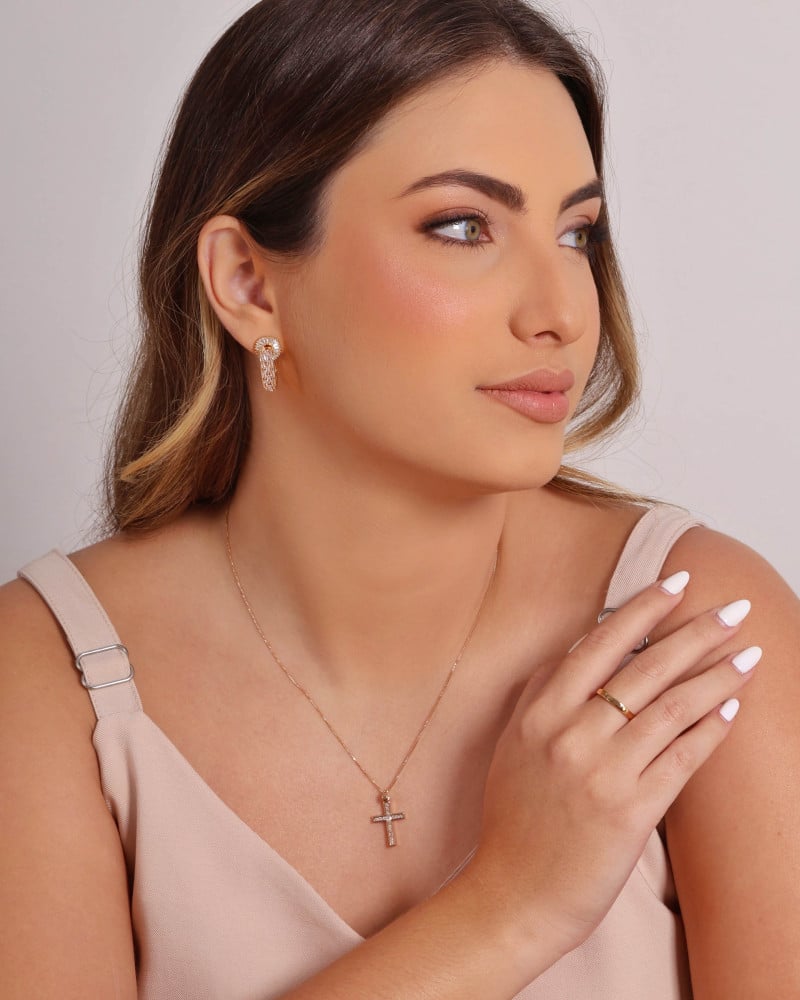 Gargantilha Veneziana Cruz Cravejada Cristal Banhado a Ouro 18K - 45 cm