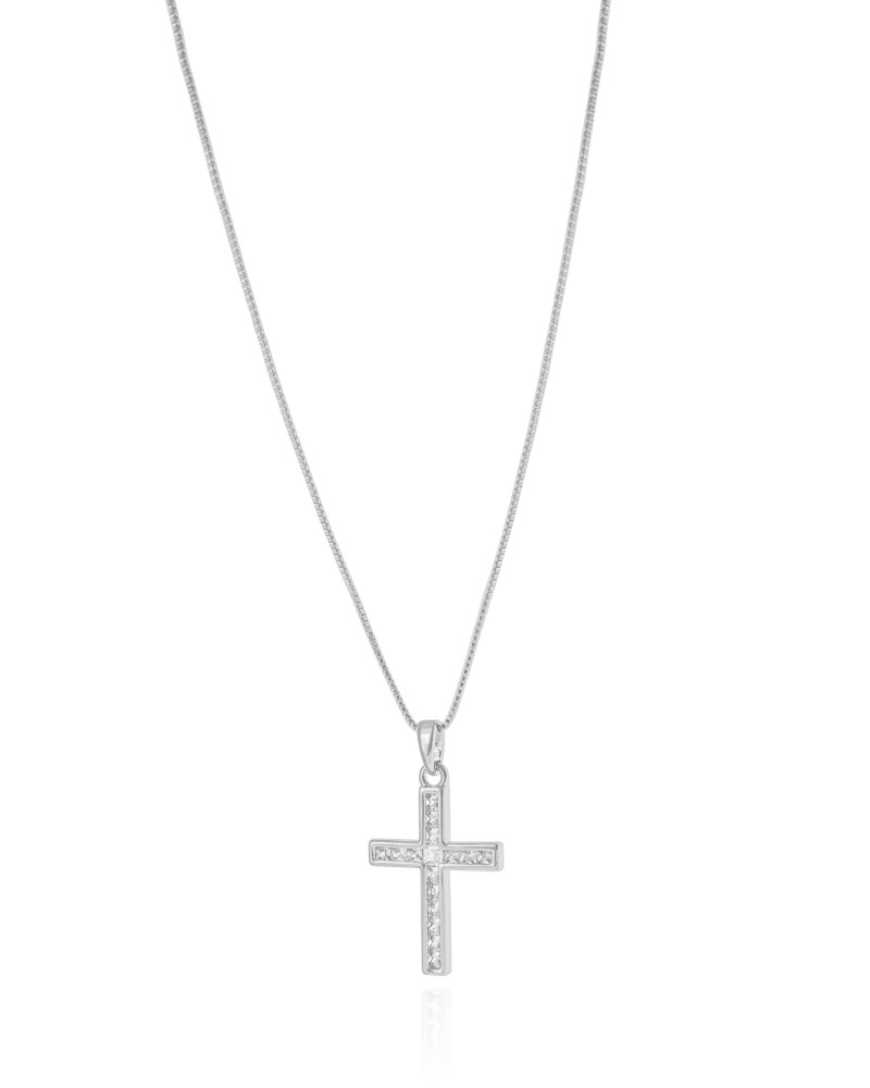 Gargantilha Veneziana Cruz Cravejada Cristal Ródio Branco - 45 cm