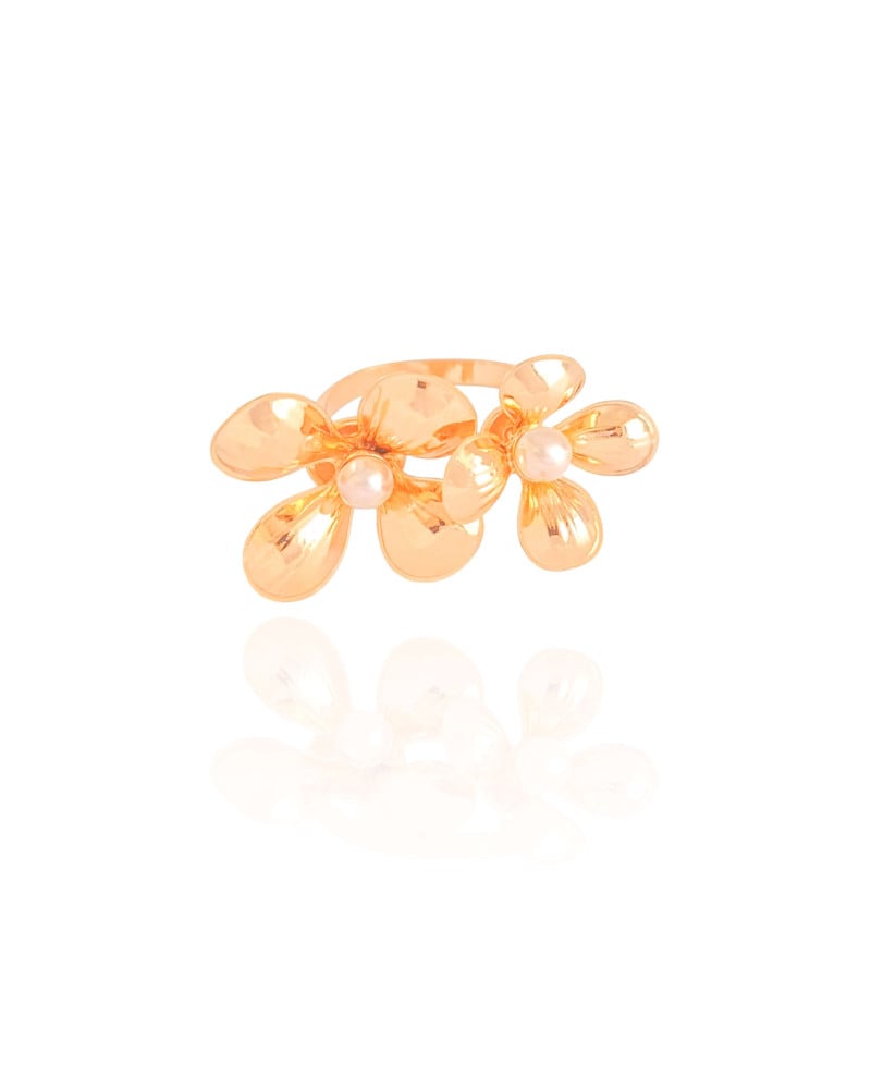 Anel Ajustável Flor Pérola Tamanho G Banhado a Ouro 18K