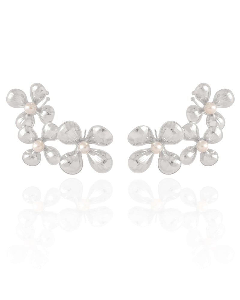 Ear Cuff Flores Pérolas 5.2 cm Ródio Branco