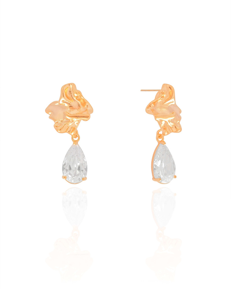 Brinco Orgânico Gota Cristal 3.2 cm Banhado a Ouro 18K