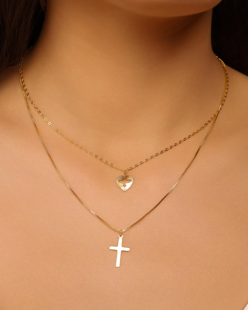 Gargantilha Dupla Espírito Santo Cruz Banhado a Ouro 18K