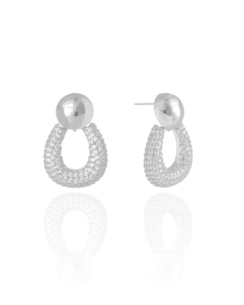 Brinco Bola Lisa Gota Cravejada Cristal 3.0 cm Ródio Branco