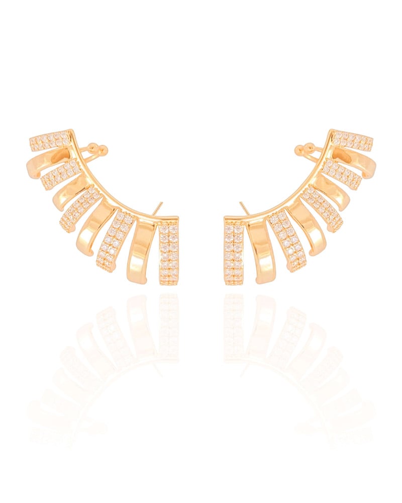 Ear Cuff Filetes Cravejados Cristal Banhado a Ouro 18K