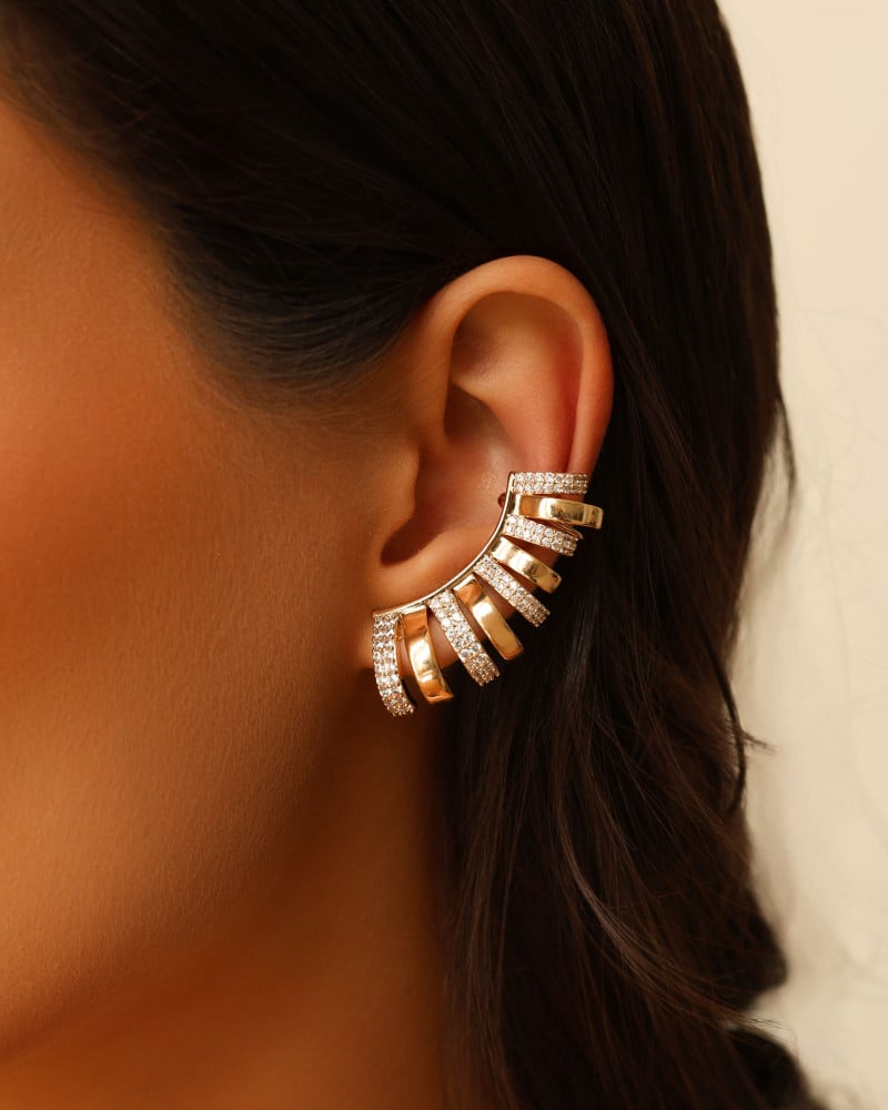 Ear Cuff Filetes Cravejados Cristal Banhado a Ouro 18K