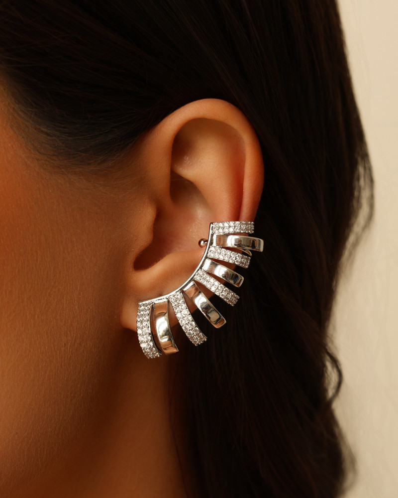 Ear Cuff Filetes Cravejados Cristal Ródio Branco