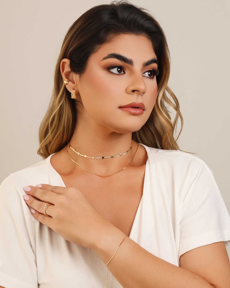 Anel Ajustável Corações Cristal Tamanho M Banhado a Ouro 18K