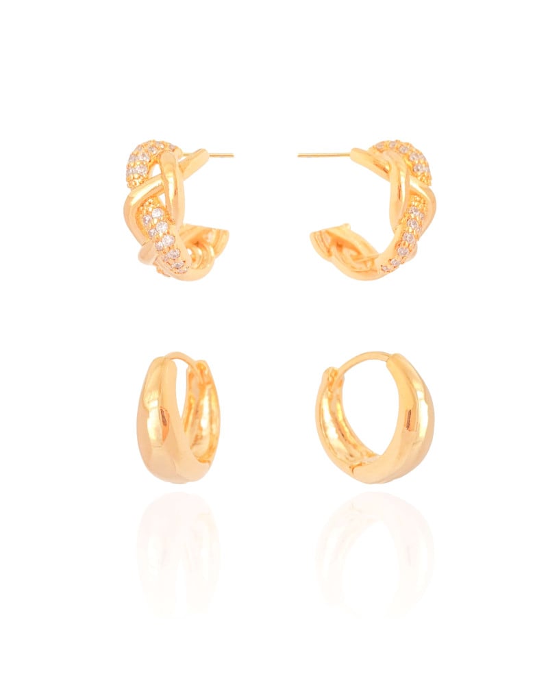 Dupla de Argolas Lisa e Entrelaçada Cravejado Cristal Banhado a Ouro 18K