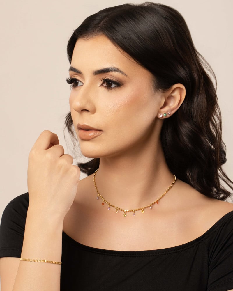 Choker Plaquinhas Pontos de Luz Coloridos Banhado a Ouro 18K