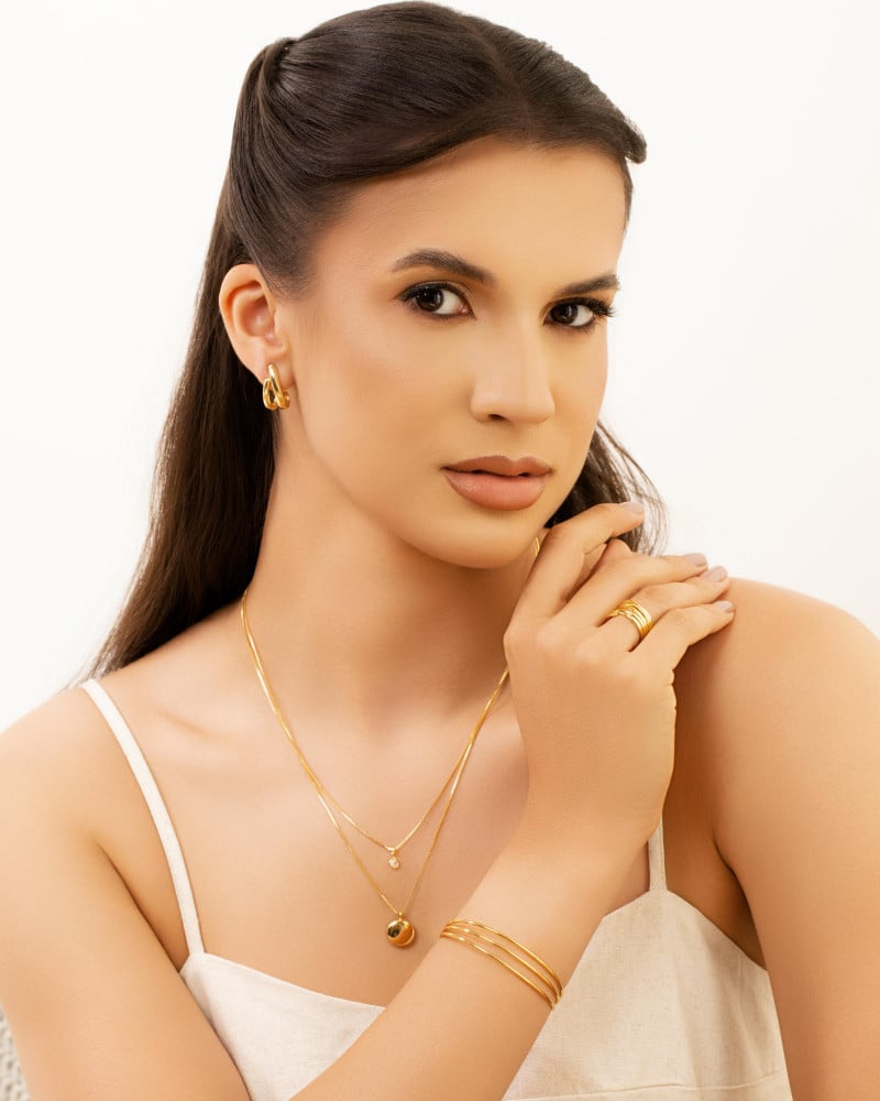 Gargantilha Dupla Redondo Ponto de Luz Cristal Banhado a Ouro 18K - 45/50 cm