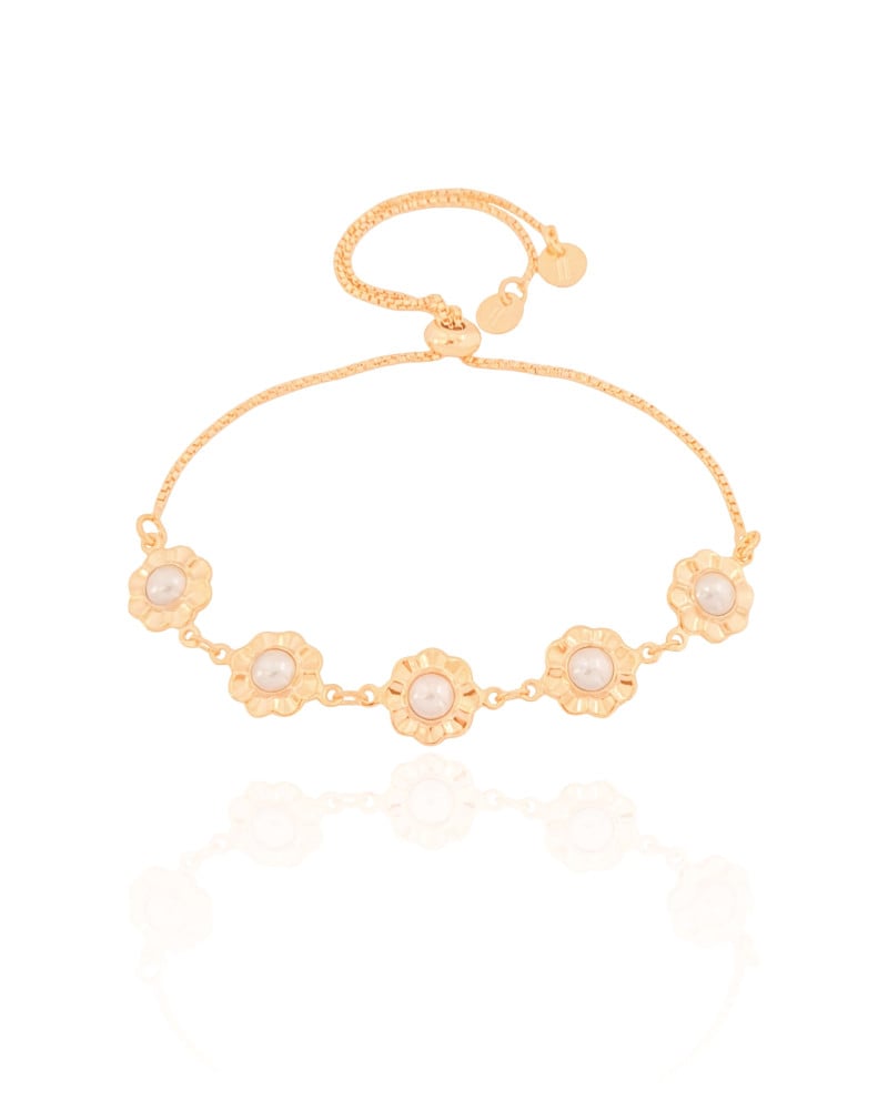 Pulseira Margaridas Pérolas Fecho Gravata Banhado a Ouro 18K