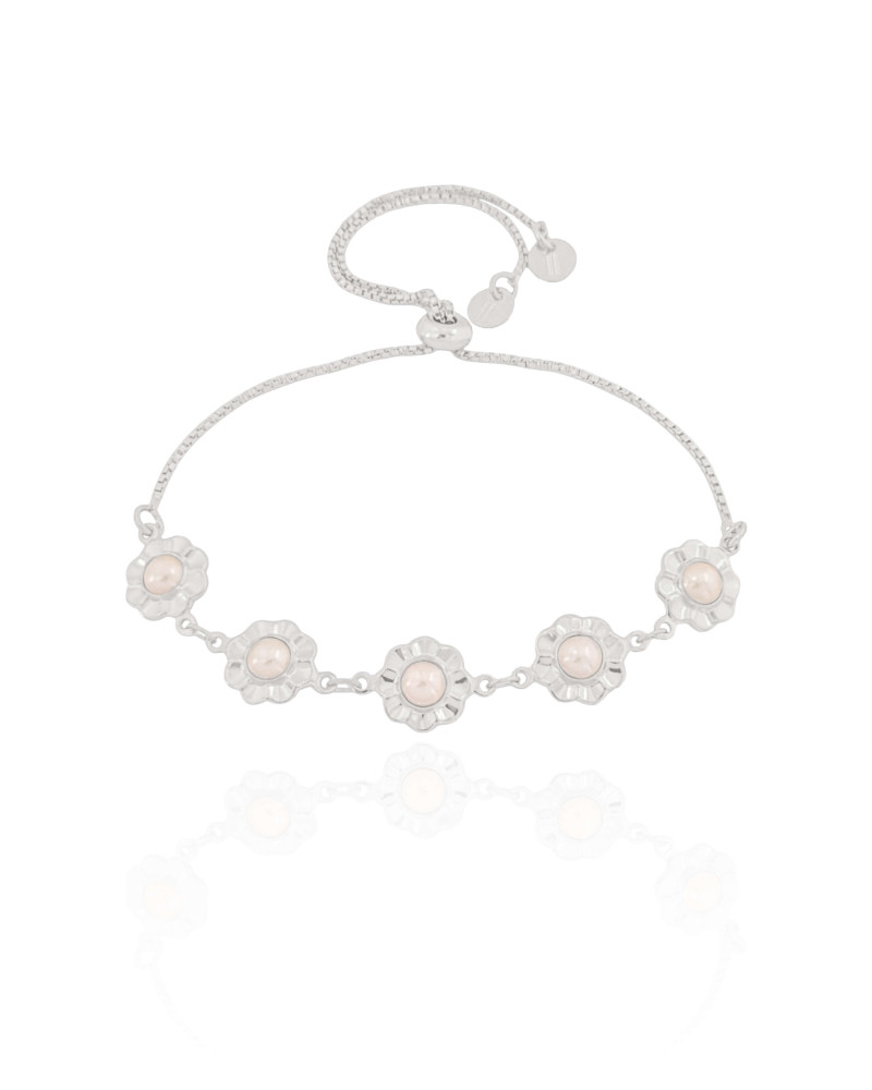 Pulseira Margaridas Pérolas Fecho Gravata Ródio Branco