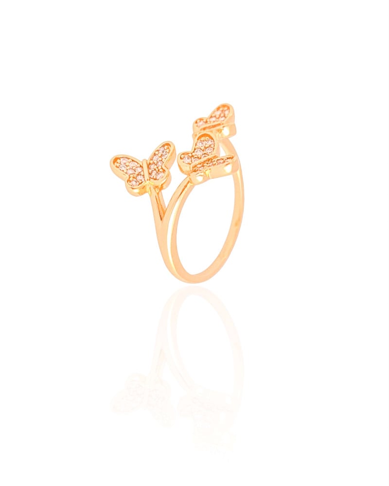 Anel Ajustável Borboletas Cravejadas Cristal Tamanho M Banhado a Ouro 18K
