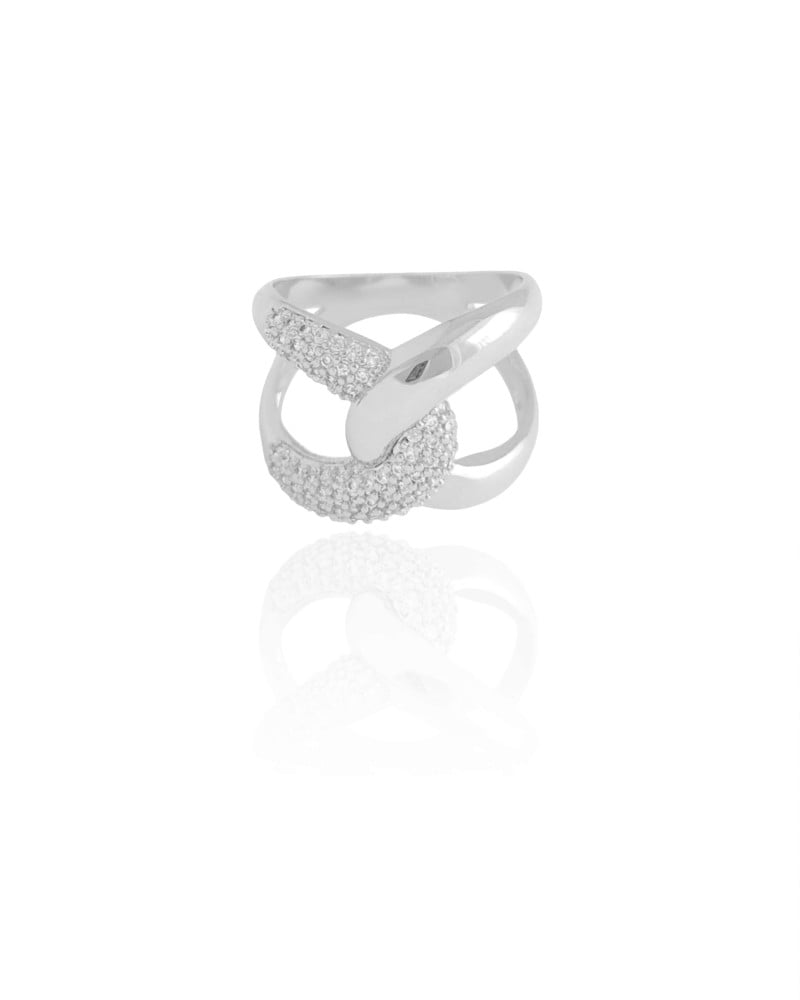 Anel Entrelaçado Cravejado Cristal Tamanho 18 Ródio Branco