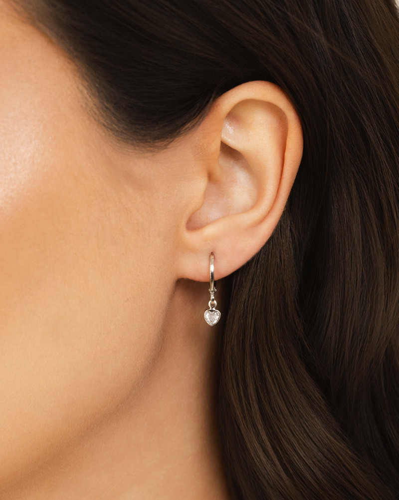 Brinco Argola Click Coração Cristal 2.0 cm Ródio Branco