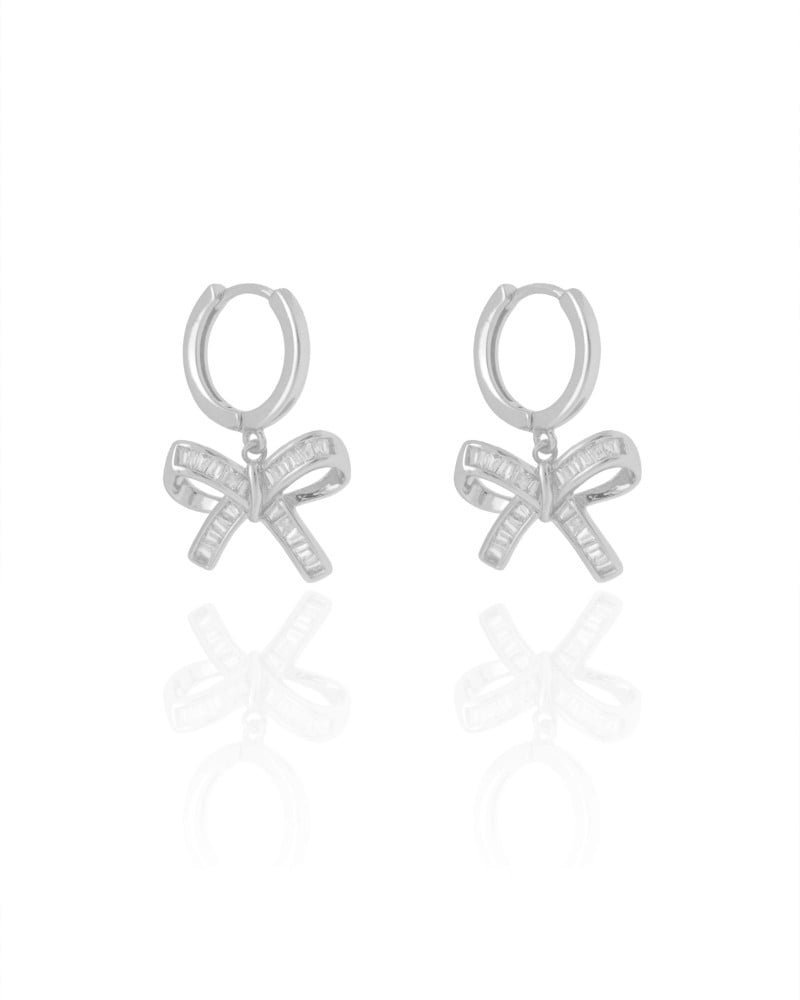 Brinco Argola Click Laço Baguetes Cristal 2.6 cm Ródio Branco