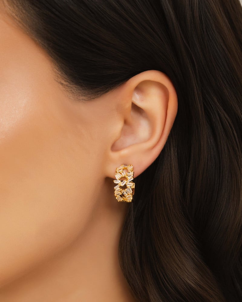 Brinco Argola Baguetes Cristal 1.9 cm Banhado a Ouro 18K