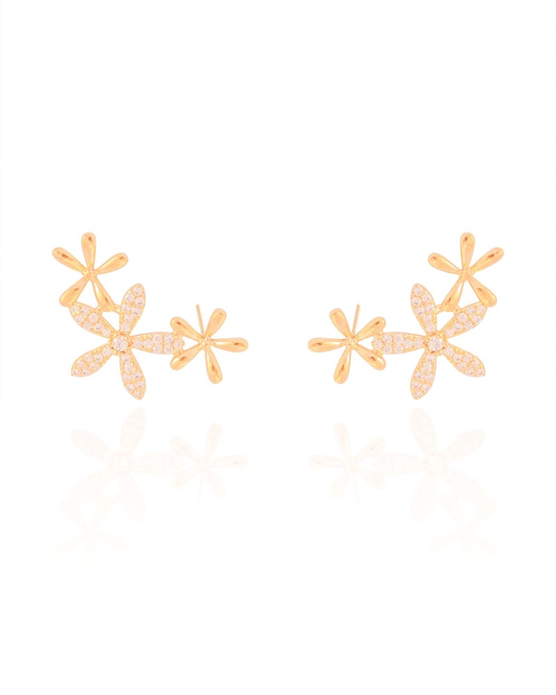 Ear Cuff Flores Cravejado Cristal 2.9 cm Banhado a Ouro 18K
