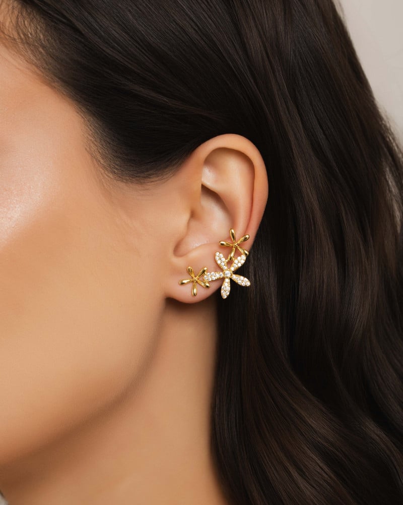 Ear Cuff Flores Cravejado Cristal 2.9 cm Banhado a Ouro 18K