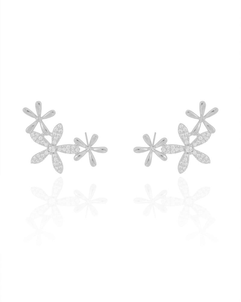 Ear Cuff Flores Cravejado Cristal 2.9 cm Ródio Branco