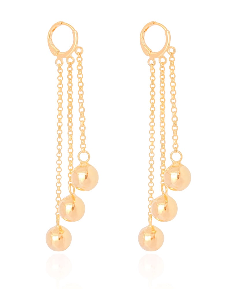 Brinco Argola Click Franjas Bolas Lisas 7.6 cm Banhado a Ouro 18K