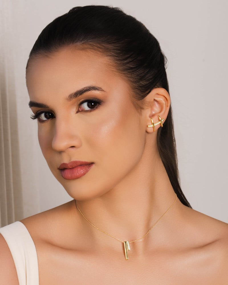 Gargantilha Elos Palitos Duplos Cravejado Cristal Banhado a Ouro 18K - 40 cm