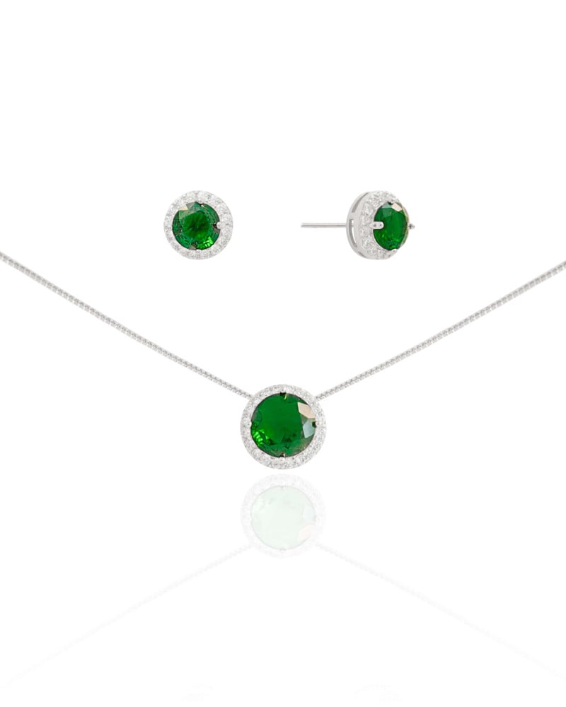 Conjunto Ponto de Luz Esmeralda Cravejado Cristal Ródio Branco