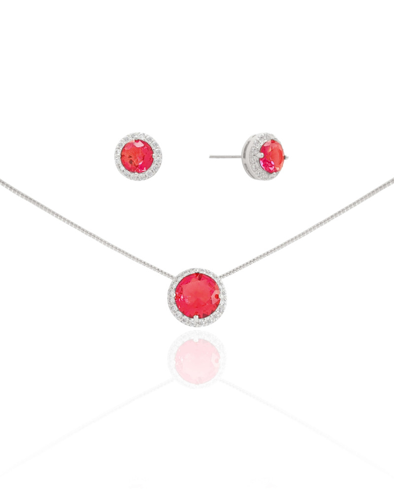 Conjunto Ponto de Luz Rubi Cravejado Cristal Ródio Branco