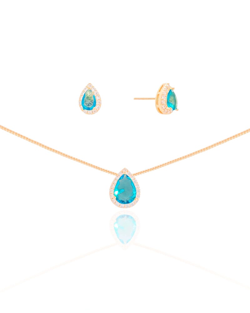 Conjunto Gota Topazio Sky Cravejado Cristal Banhado a Ouro 18K