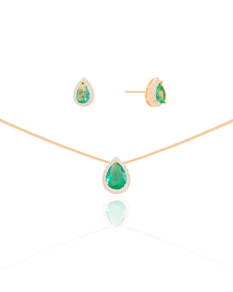 Conjunto Gota Turmalina Cravejado Cristal Banhado a Ouro 18K