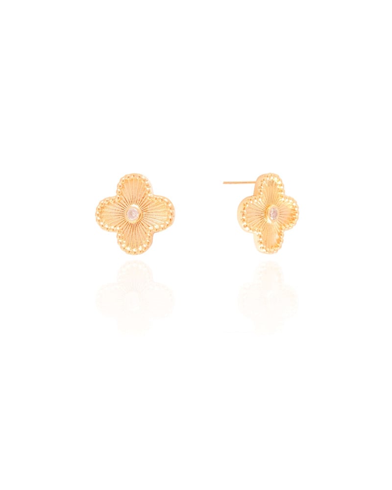 Brinco Flor Riscada com Ponto de Luz Cristal Banhado a Ouro 18K