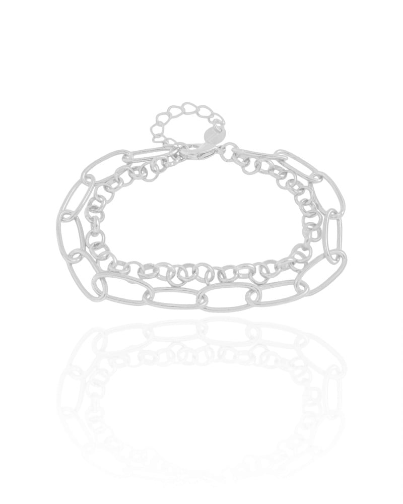 Pulseira Dupla Elos Ovais e Portugueses Ródio Branco