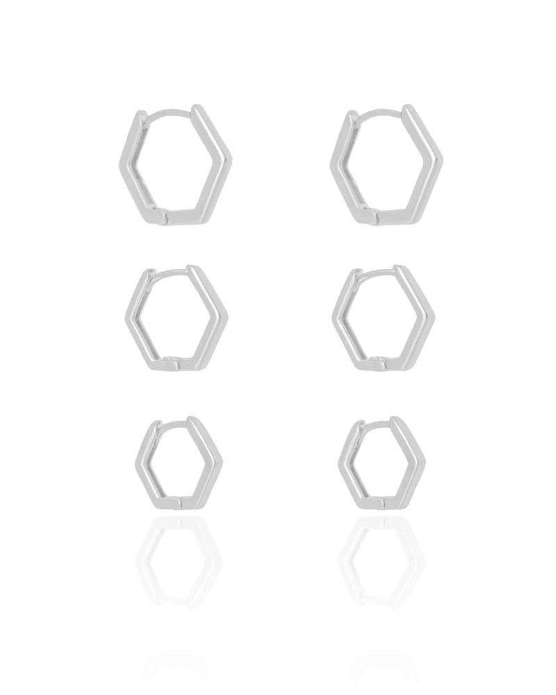 Trio de Argolas Geométricas Ródio Branco