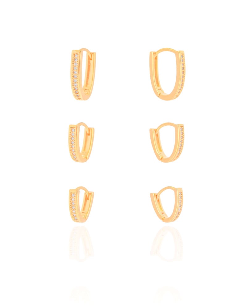 Trio de Argolas em U Cravejadas Cristal Banhado a Ouro 18K